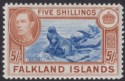 Click for more photos and details Falkland Islands 1949 KGVI 5sh Dull Blue and Yellow-Brown Mint SG161c cat £140