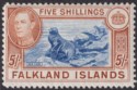 Click for more photos and details Falkland Islands 1938 KGVI 5sh Blue and Chestnut Mint SG161 cat £150