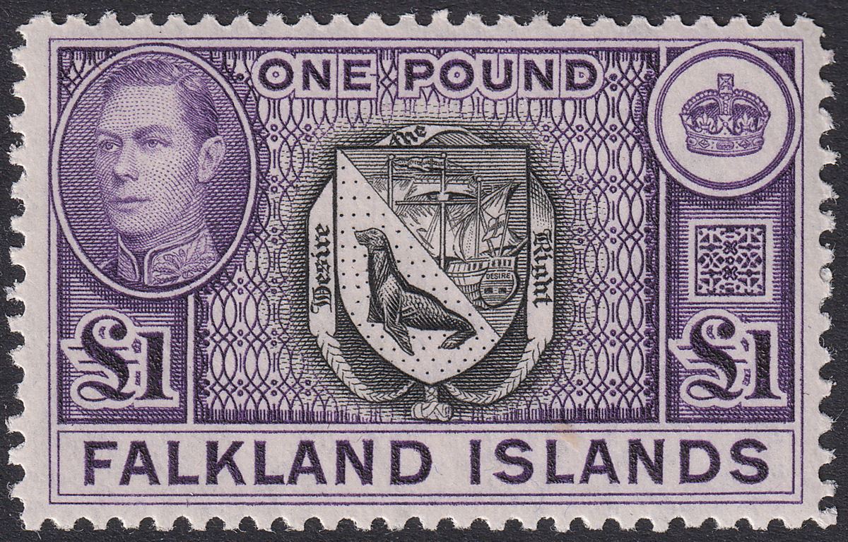 Falkland Islands 1944 KGVI £1 Grey-Black and Bluish Violet Mint SG163 cat £150