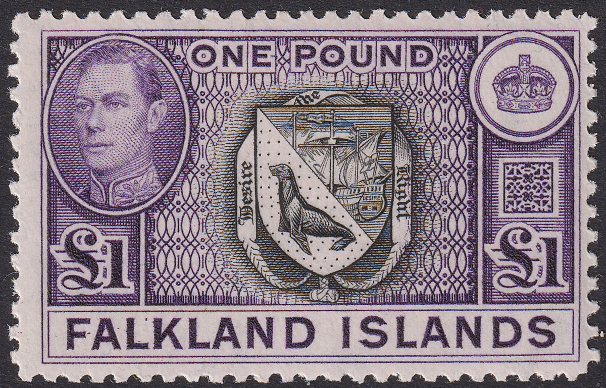 Falkland Islands 1944 KGVI £1 Grey-Black and Bluish Violet Mint SG163 cat £150