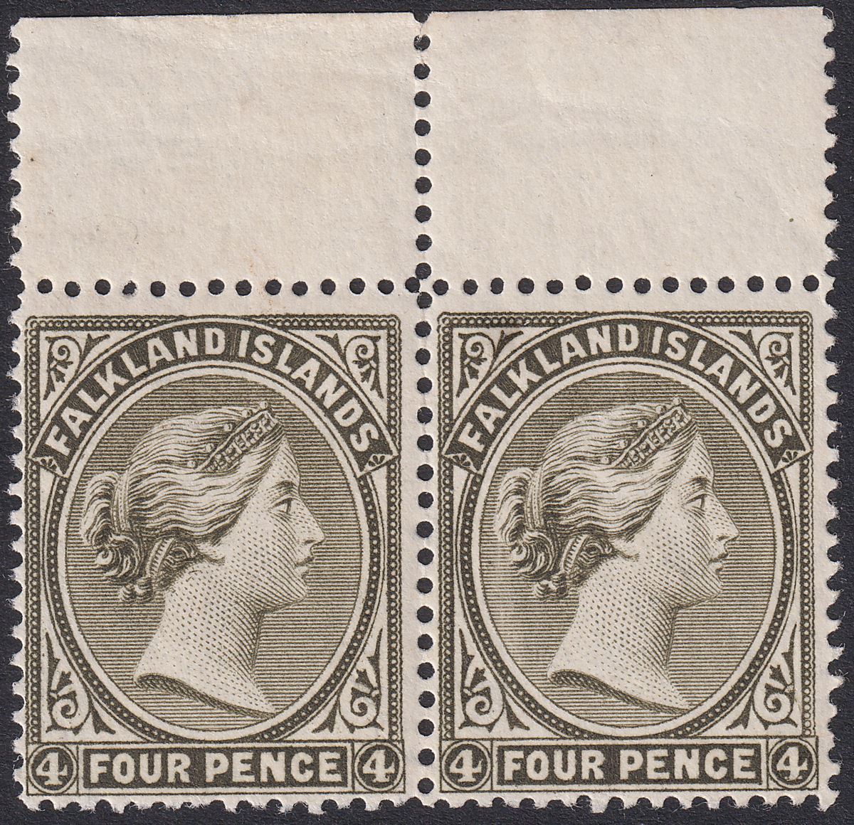Falkland Islands 1895 QV 4d Olive-Black Marginal Pair UM Mint SG32 cat £32