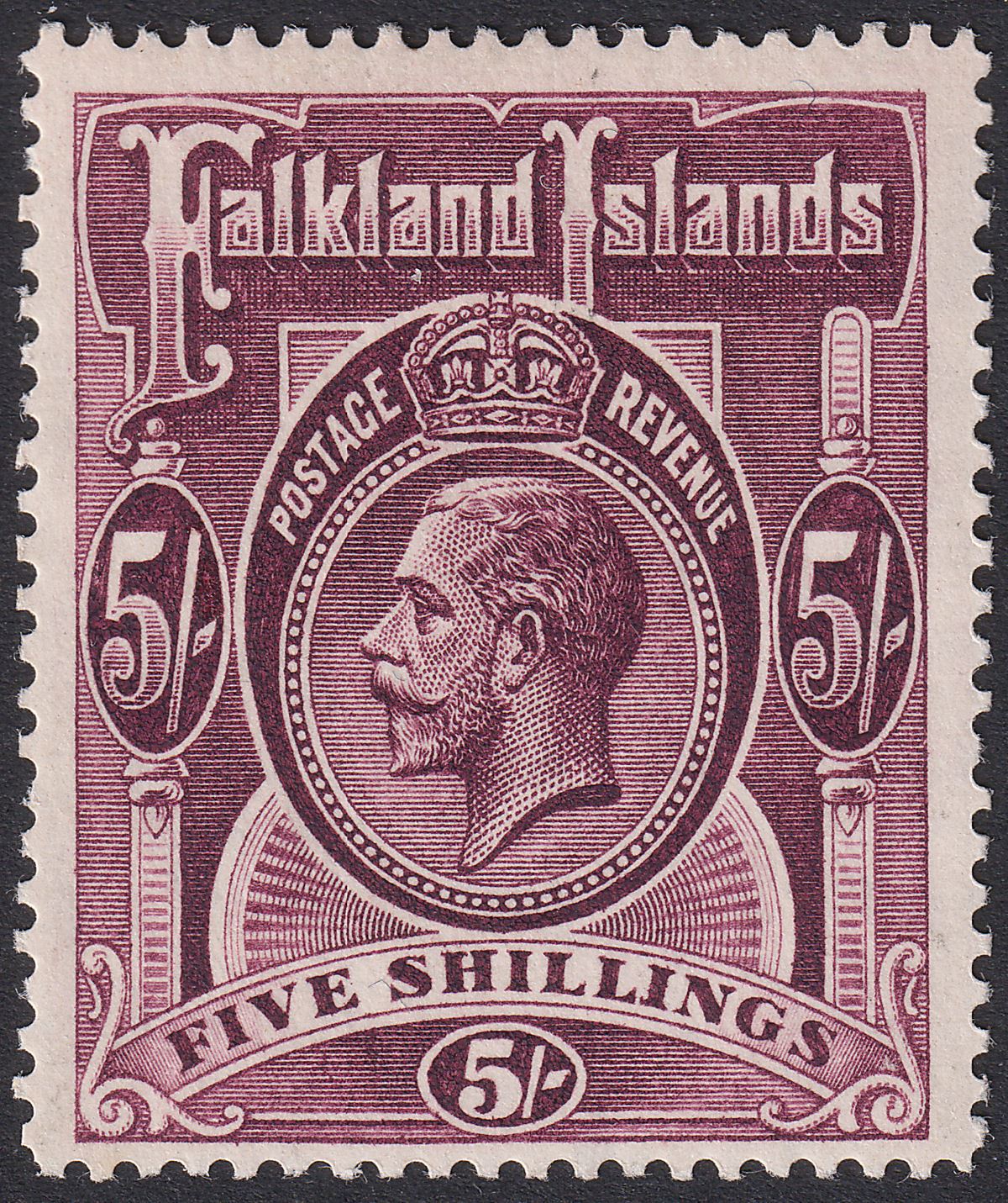 Falkland Islands 1916 KGV 5sh Maroon Mint SG67b cat £140