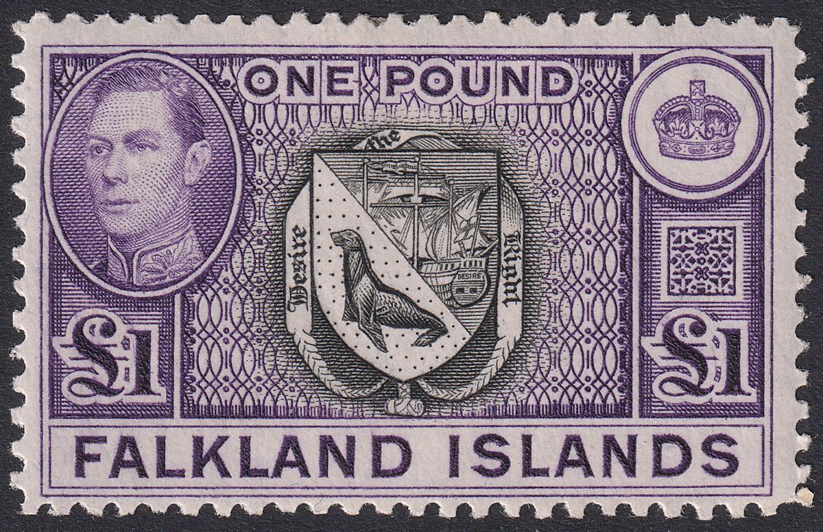 Falkland Islands 1944 KGVI £1 Grey-Black and Bluish Violet Mint SG163 cat £140