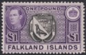 Click for more photos and details Falkland Islands 1944 KGVI £1 Grey-Black and Bluish Violet Mint SG163 cat £140