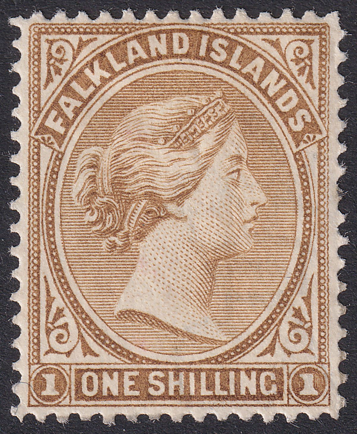 Falkland Islands 1896 QV 1sh Yellow-Brown Mint SG38 cat £85