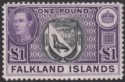 Click for more photos and details Falkland Islands 1949 KGVI £1 Black and Bright Violet Mint SG163 cat £130