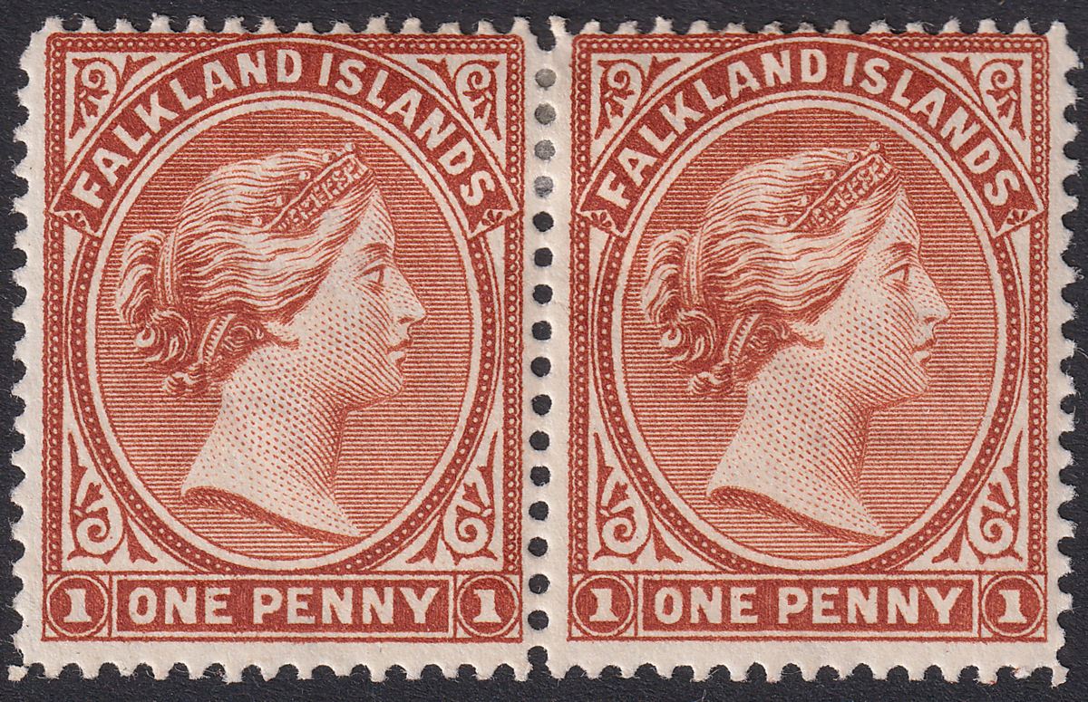 Falkland Islands 1894 QV 1d Orange-Brown wmk Reversed Pair Mint SG20 cat £130