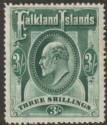 Click for more photos and details Falkland Islands 1907 KEVII 3sh Deep Green Mint SG49b cat £150