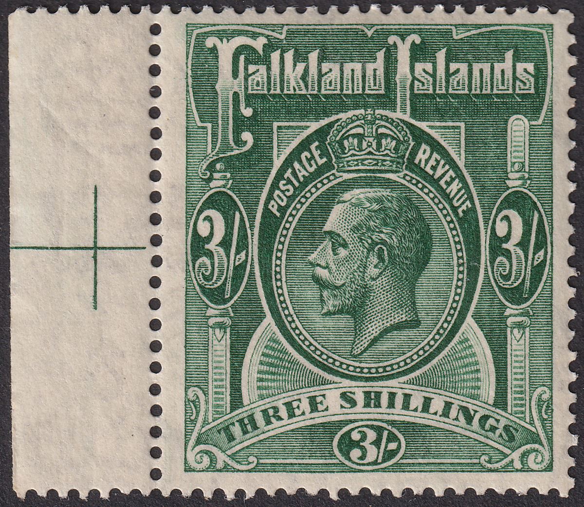 Falkland Islands 1923 KGV 3sh Slate-Green Marginal Mint SG80 cat £100