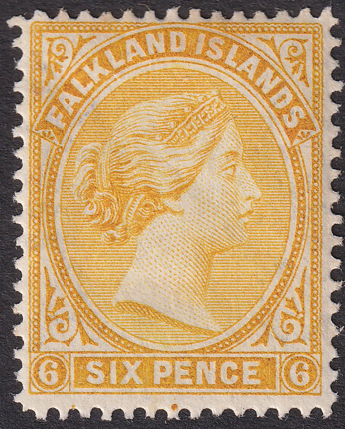 Falkland Islands 1896 QV 6d Yellow Mint SG34 cat £55 tones