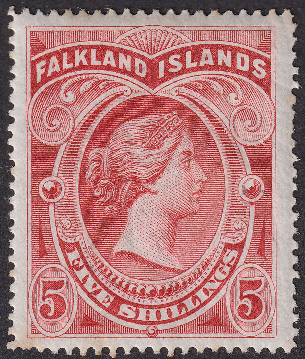 Falkland Islands 1898 QV 5sh Red Mint SG42 cat £250 tones