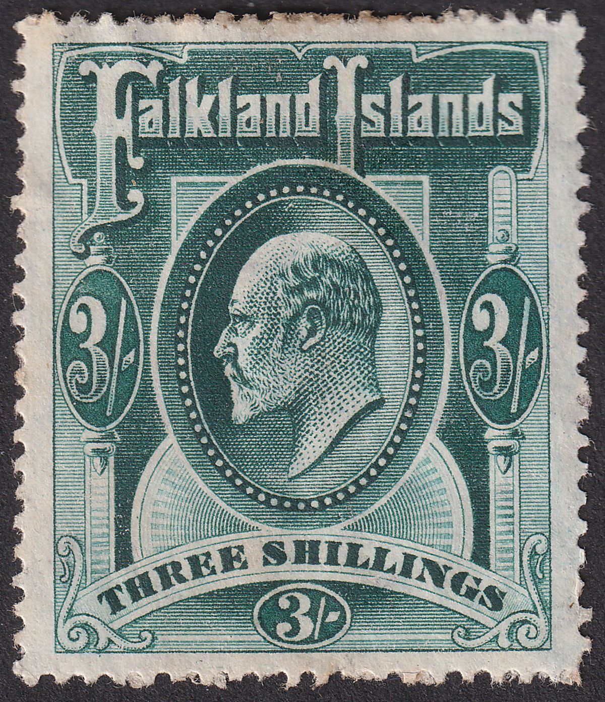 Falkland Islands 1907 KEVII 3sh Deep Green Mint SG49b cat £150