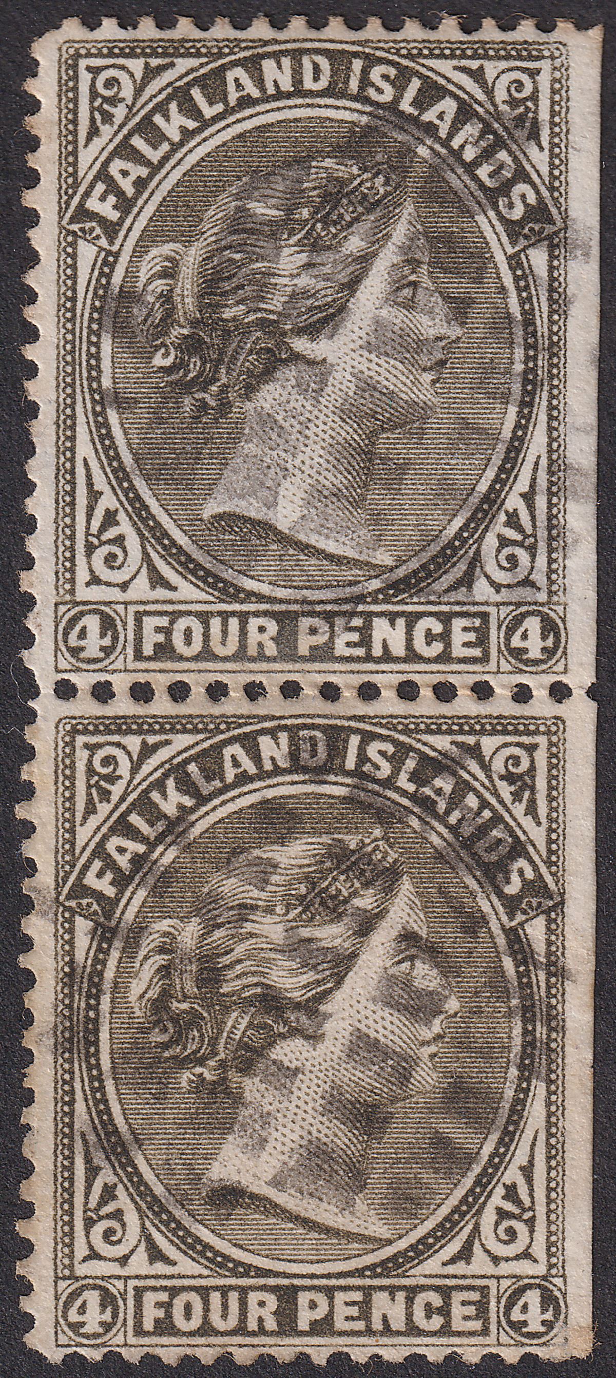 Falkland Islands 1887 QV 4d Grey-Black wmk Crown to Left Pair Used SG10 cat £100
