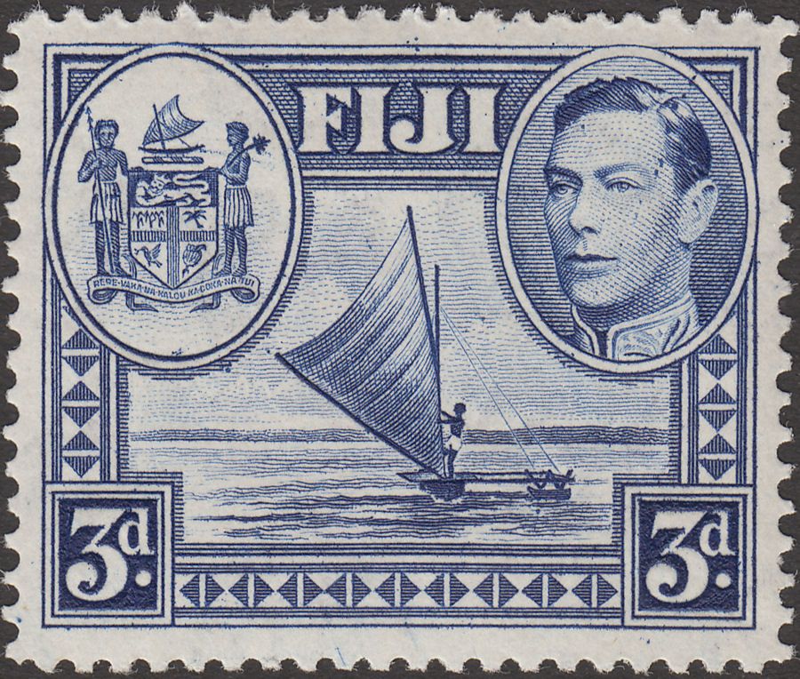 Fiji 1938 KGVI Canoe 3d Blue Variety Overinking Marks Mint British