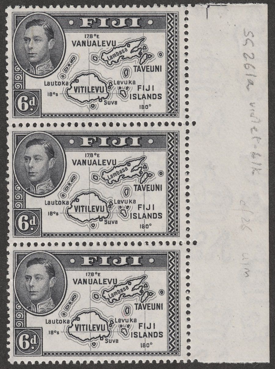 Fiji 1944 KGVI Map 6d Violet-Black Die II perf 13½ Strip of 3 Mint SG261a