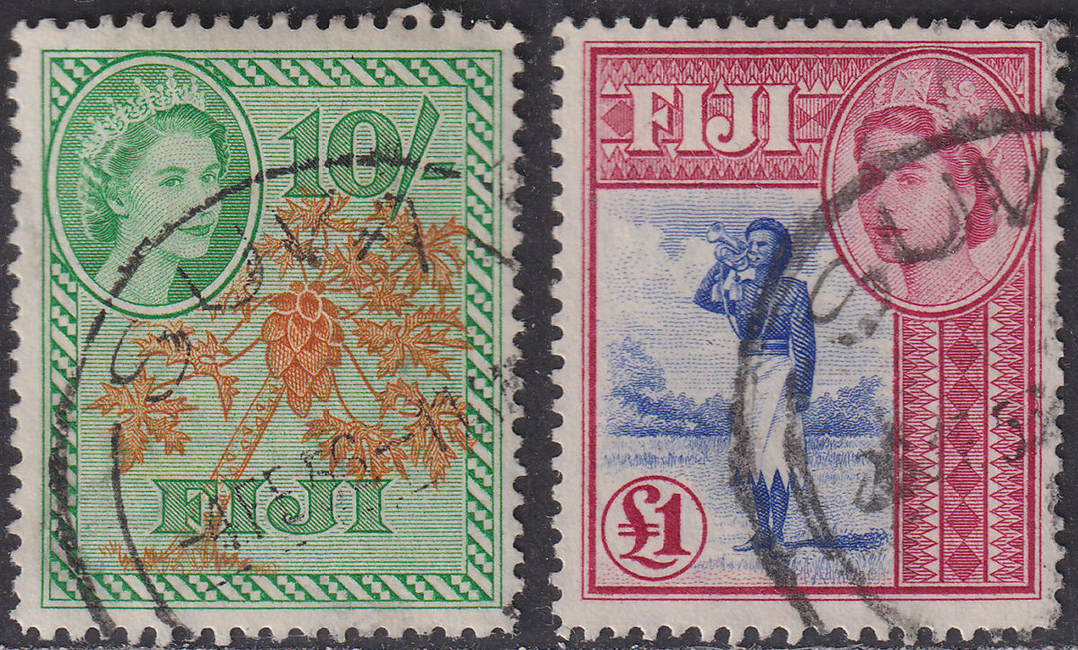 Fiji 1954 QEII 10sh Orange + Emerald and £1 Ultra + Carmine Used SG294-295 c£28