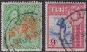 Click for more photos and details Fiji 1954 QEII 10sh Orange + Emerald and £1 Ultra + Carmine Used SG294-295 c£28