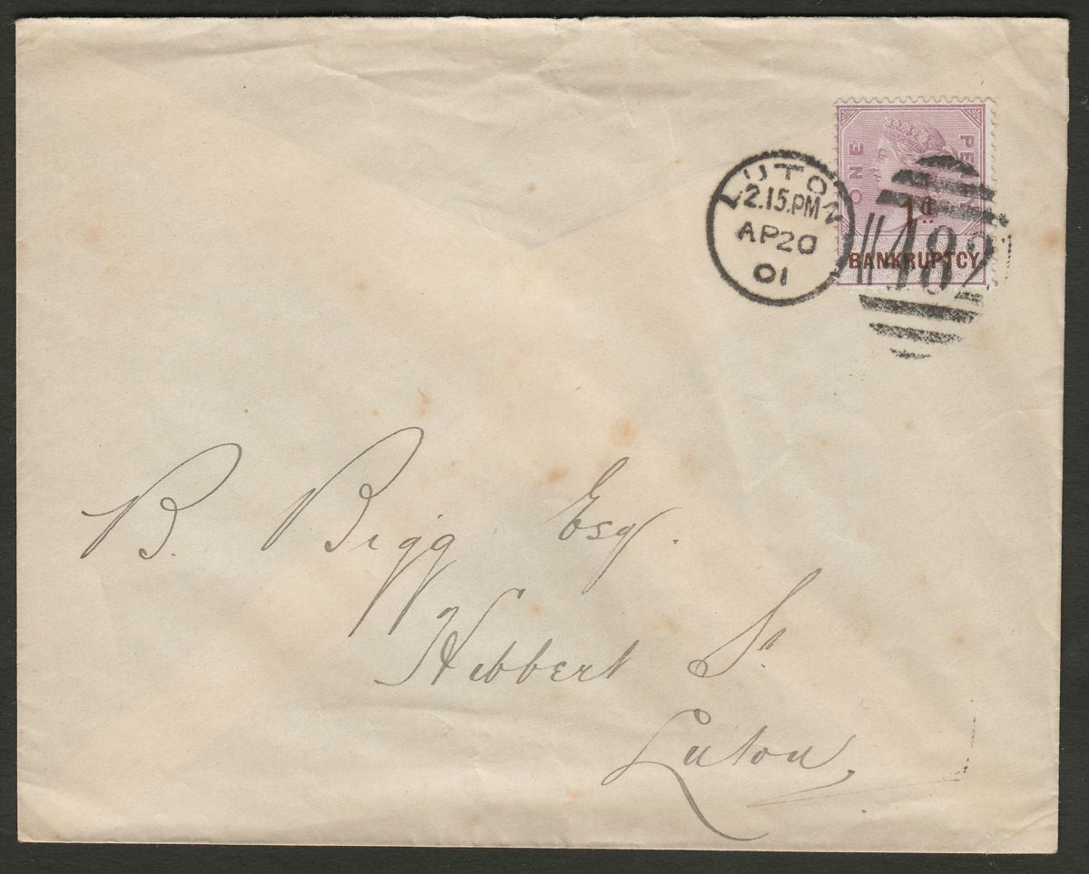 GB 1901 QV Bankruptcy Revenue 1d on 1d Used on Postal Cover BF102 untaxed Luton