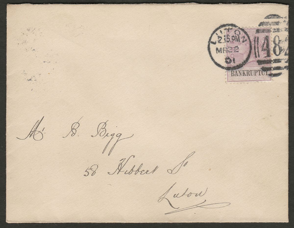 GB 1901 QV Bankruptcy Revenue 1d Used on Postal Cover BF82 untaxed 482 postmark