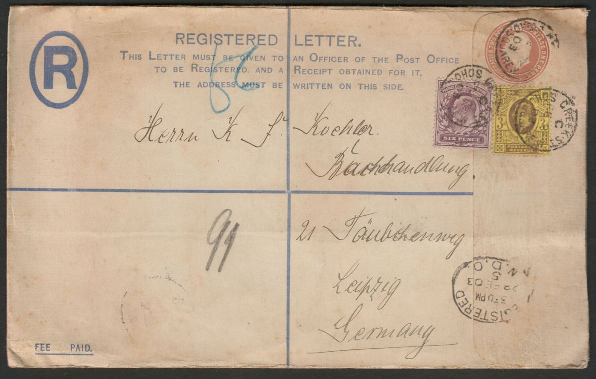 King Edward VII 1903 6d and 3d Uprating 2d/1d Registered P Stat Cover - Germany