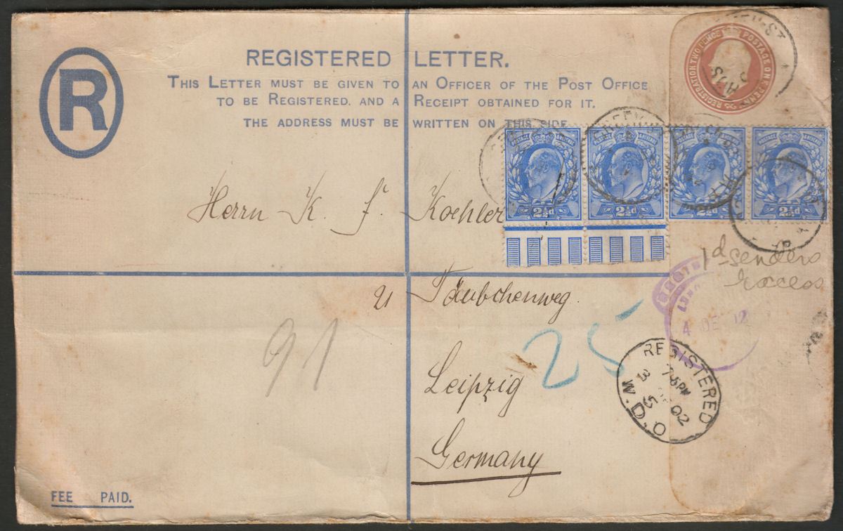 King Edward VII 1902 2½d x4 Uprating 2d/1d Registered Post Stat Cover - Germany