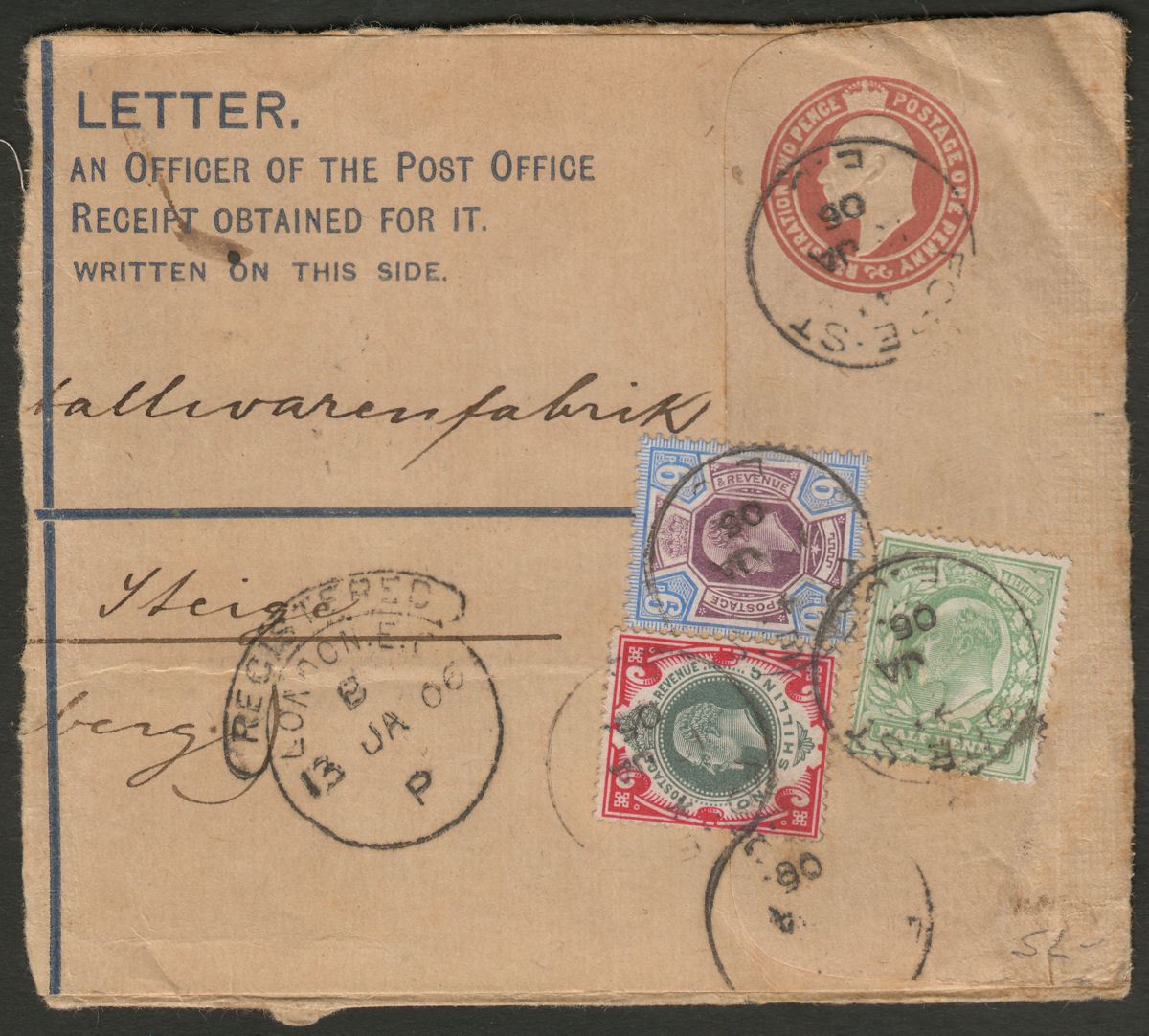 King Edward VII 1906 1sh, 9d and ½d Uprating 2d/1d Reg Postal Stationery Piece