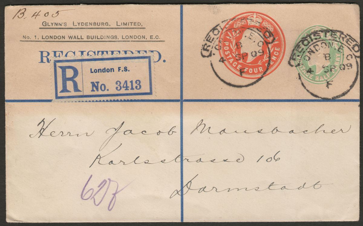 King Edward VII 1909 4d Orange + ½d Green Reg Postal Stationery Cover to Germany