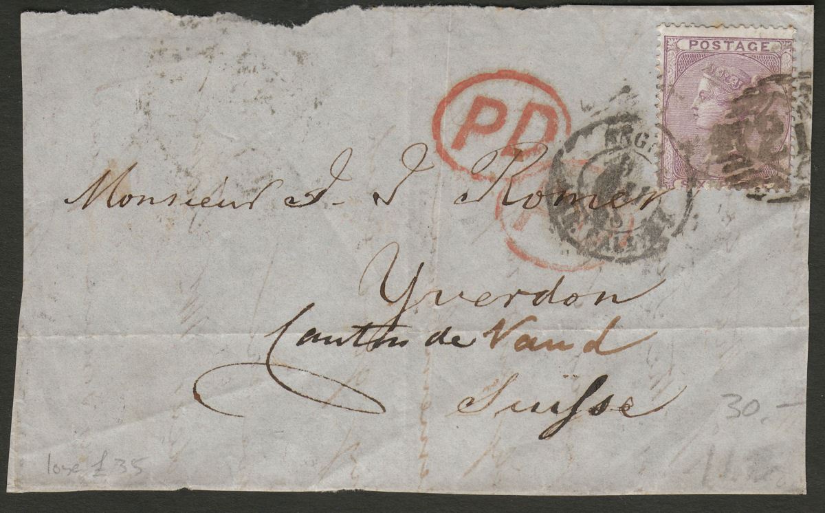 QV c1860 No Letters 6d Lilac Used on Large Piece to Switzerland w Red PD Marks