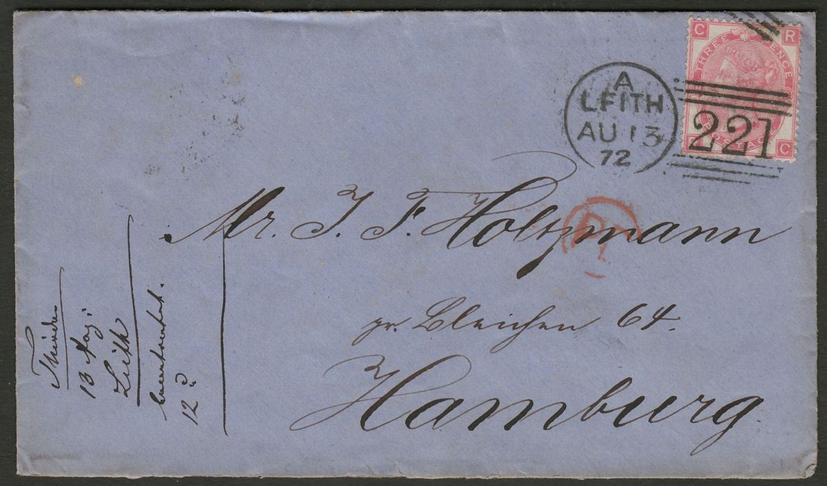 Queen Victoria 1872 3d Rose Plate 8 Used on Cover Leith to Germany red PD Mark