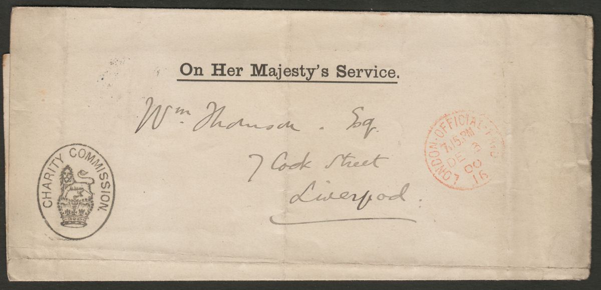 QV 1900 Unstamped London Official Paid Charity Commission Wrapper Used Liverpool