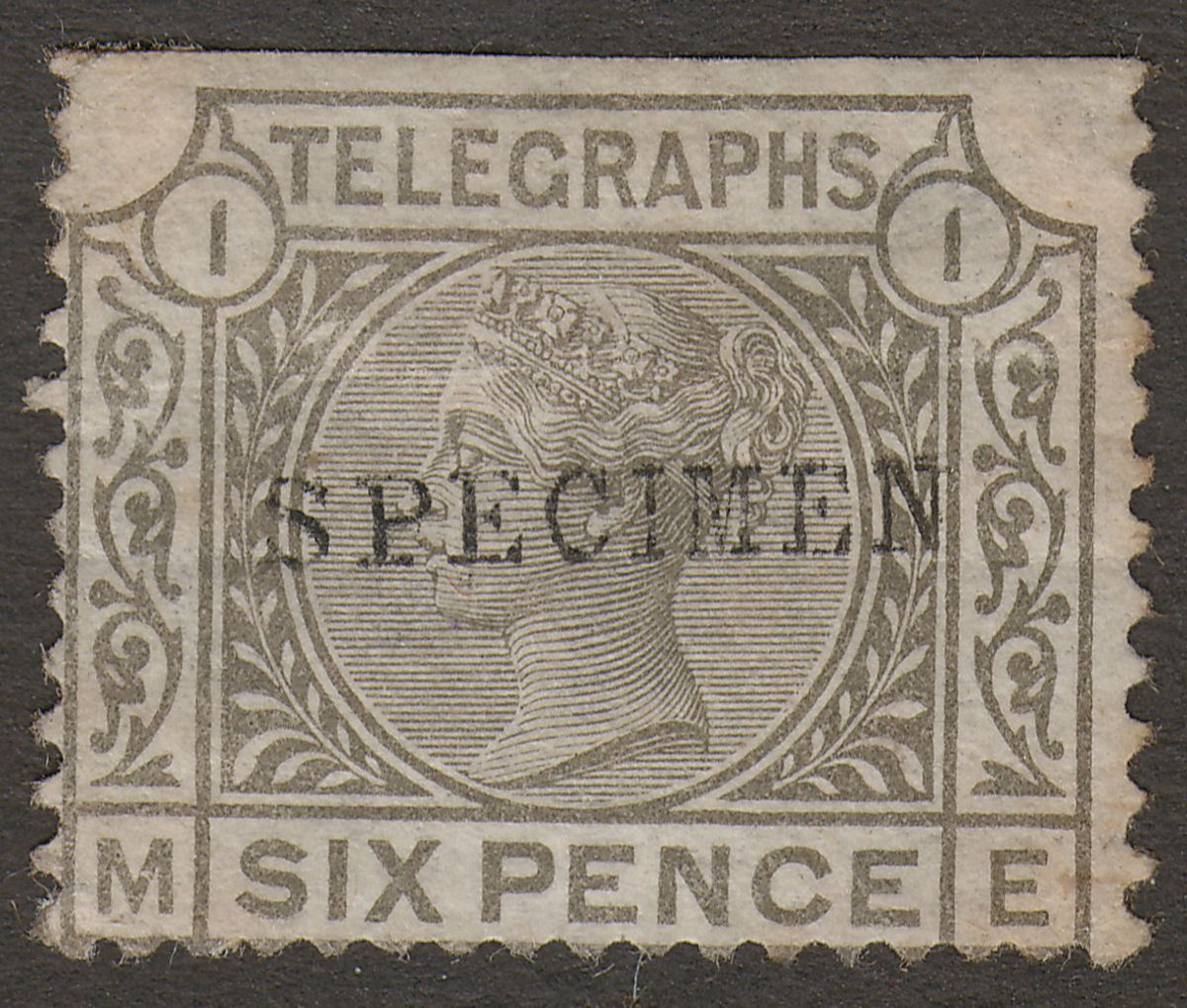 QV 1877 Telegraph Stamp 6d Grey SPECIMEN type 9 Unused SG T6s cat £70 faults