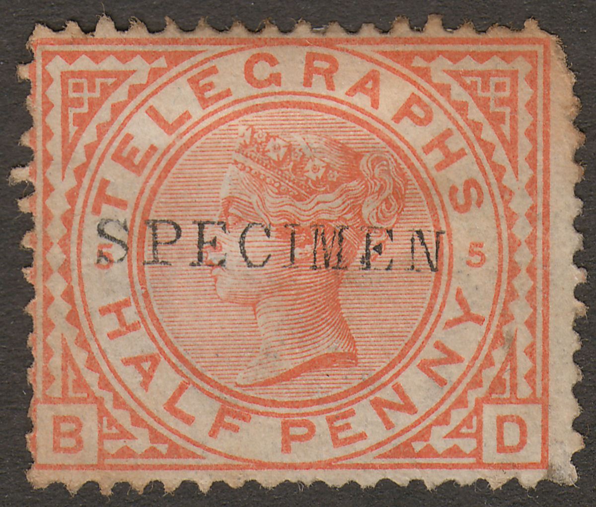 QV 1880 Telegraph Stamp ½d Orange SPECIMEN type 9 Unused SG T1s cat £60 faults
