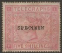 Click for more photos and details QV 1876 Telegraph Stamp 5sh Rose SPECIMEN type 13?? Unused SG T13s c£220 faults