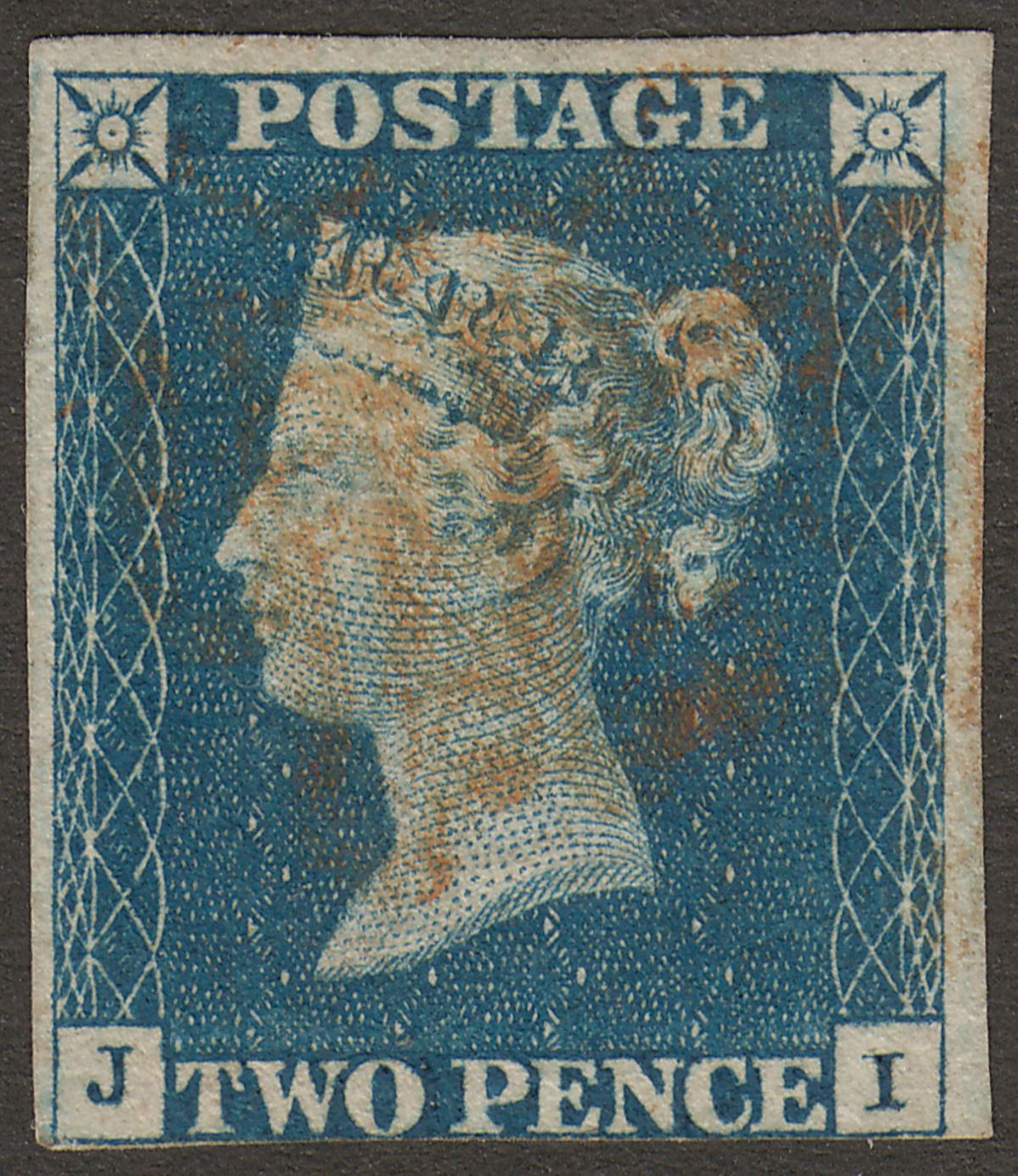 Queen Victoria 1840 2d Blue Used Three Margins with Red MX SG5 cat £1200