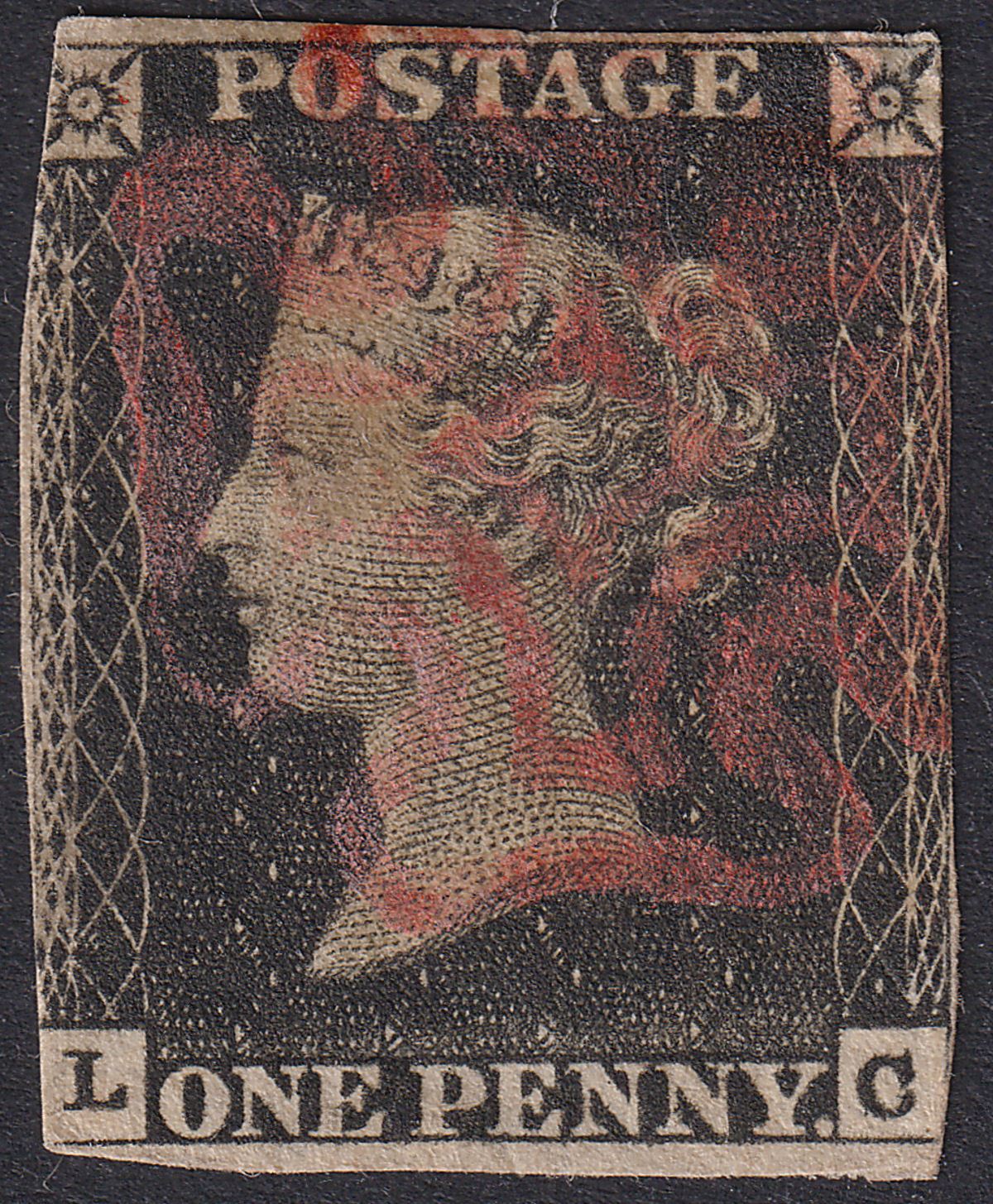 Queen Victoria 1840 1d Penny Black Used Red MX Letters LC Plate 1b SG3 w THINS