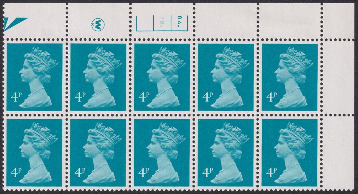 QEII 1981 Machin 4p Litho Dot Cylinder 8A 7B Block of 10 Mint SG U13 cat £75