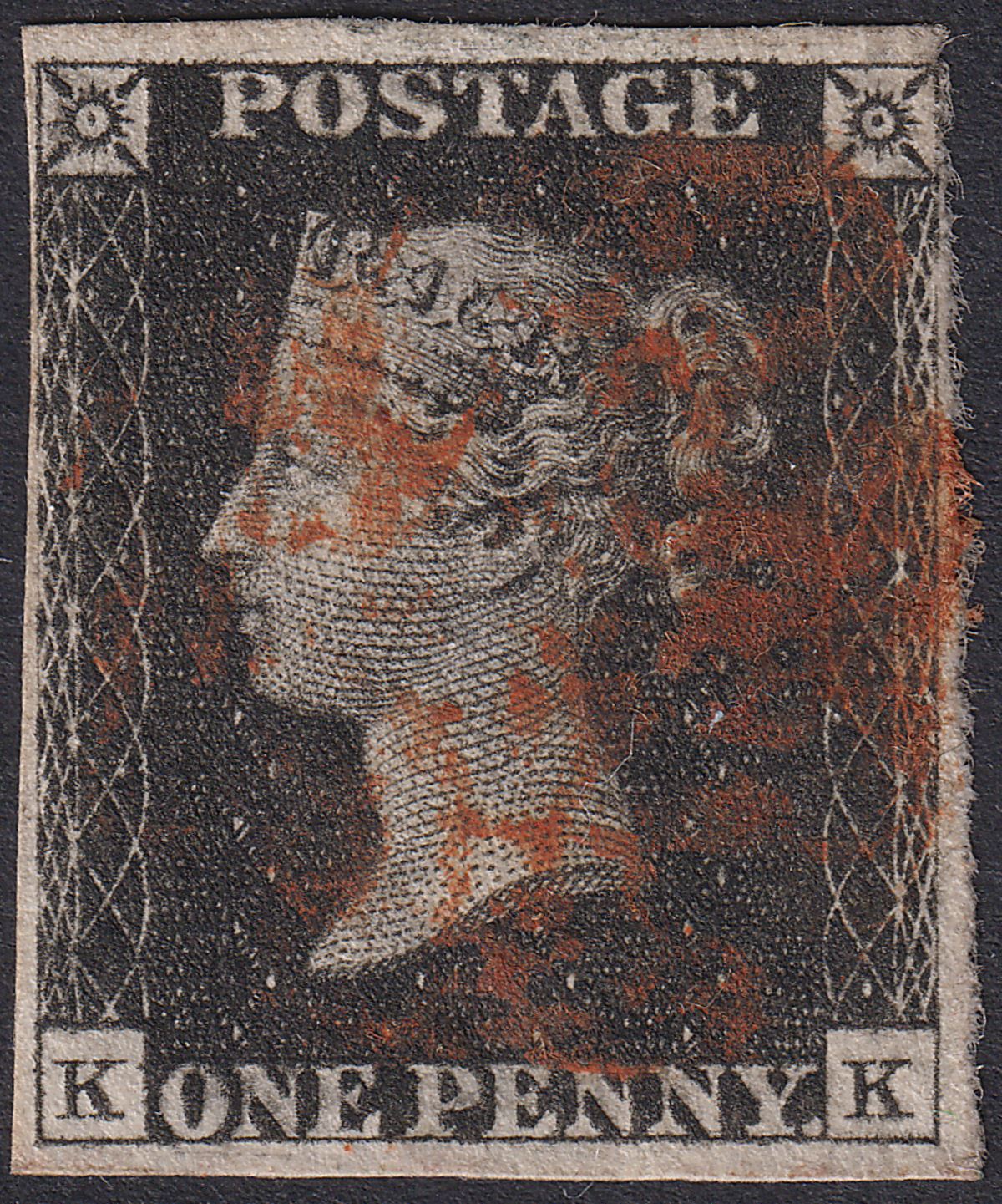 Queen Victoria 1840 1d Penny Black Used Red MX Letters KK Plate 5 cat £400