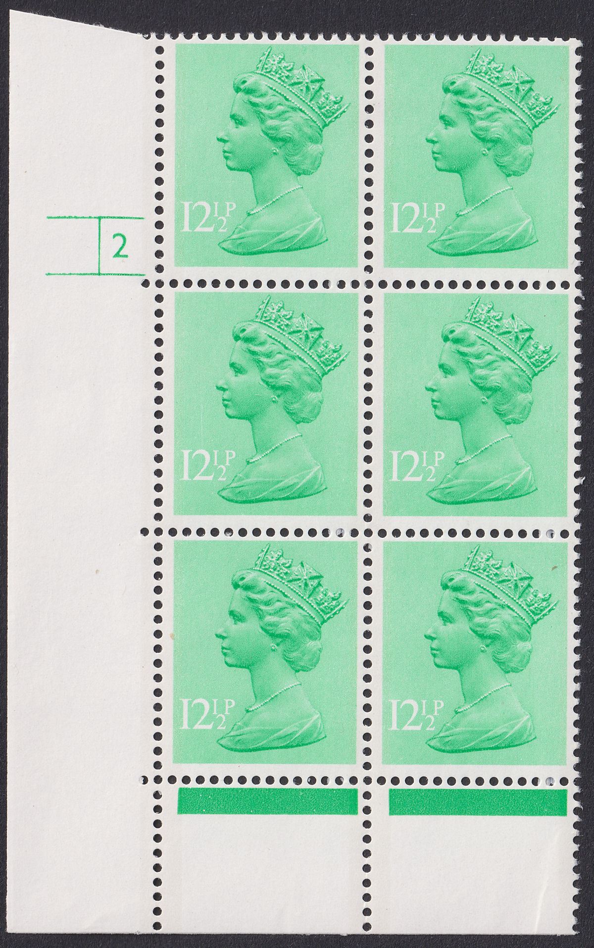 QEII 1982 Machin 12½p Cylinder 2 Error Two Thin Side Bands Block of 6 Mint U212e