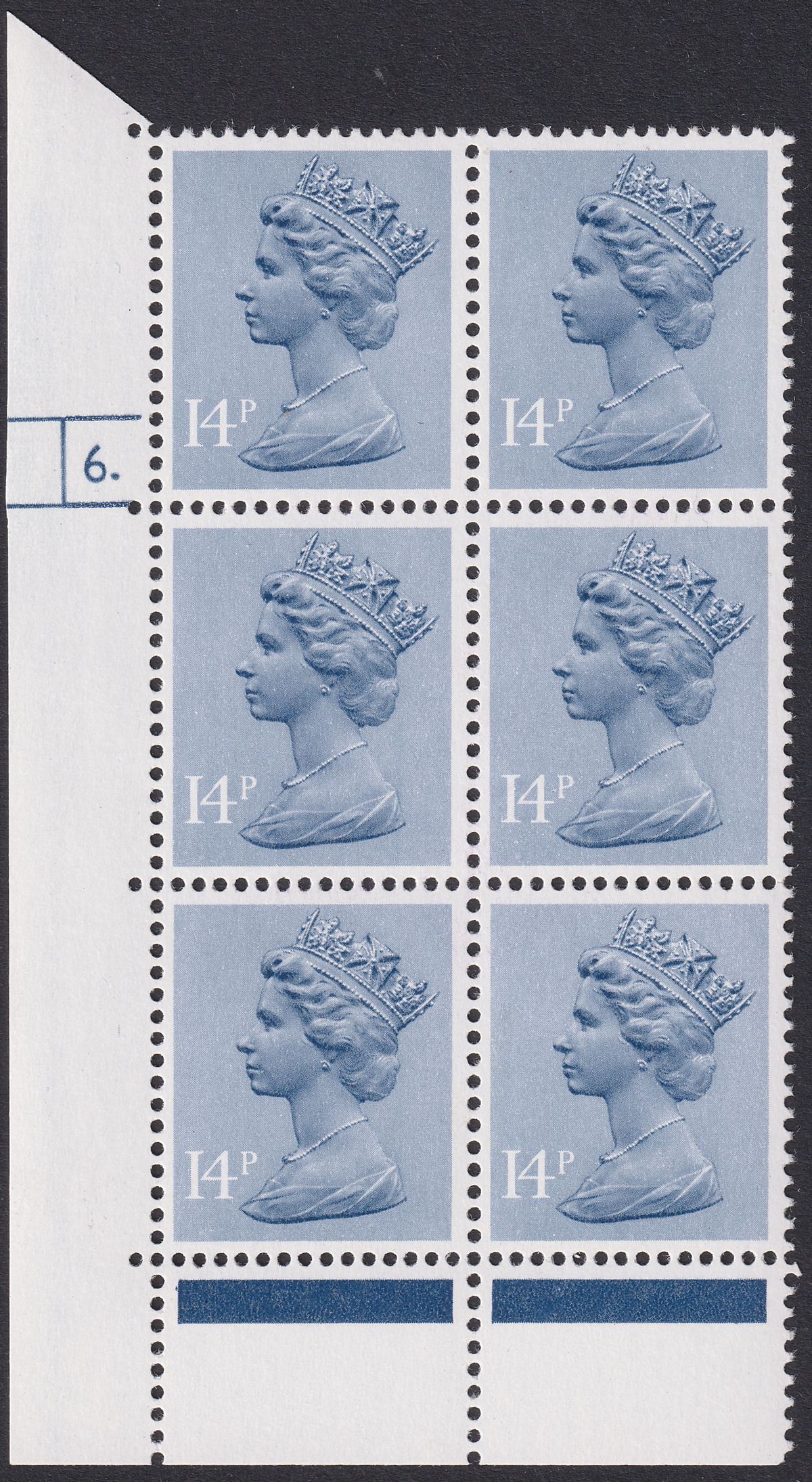 QEII 1981 Machin 14p Grey-Blue Dot Cylinder 6 Block of 6 Mint U225 cat £75