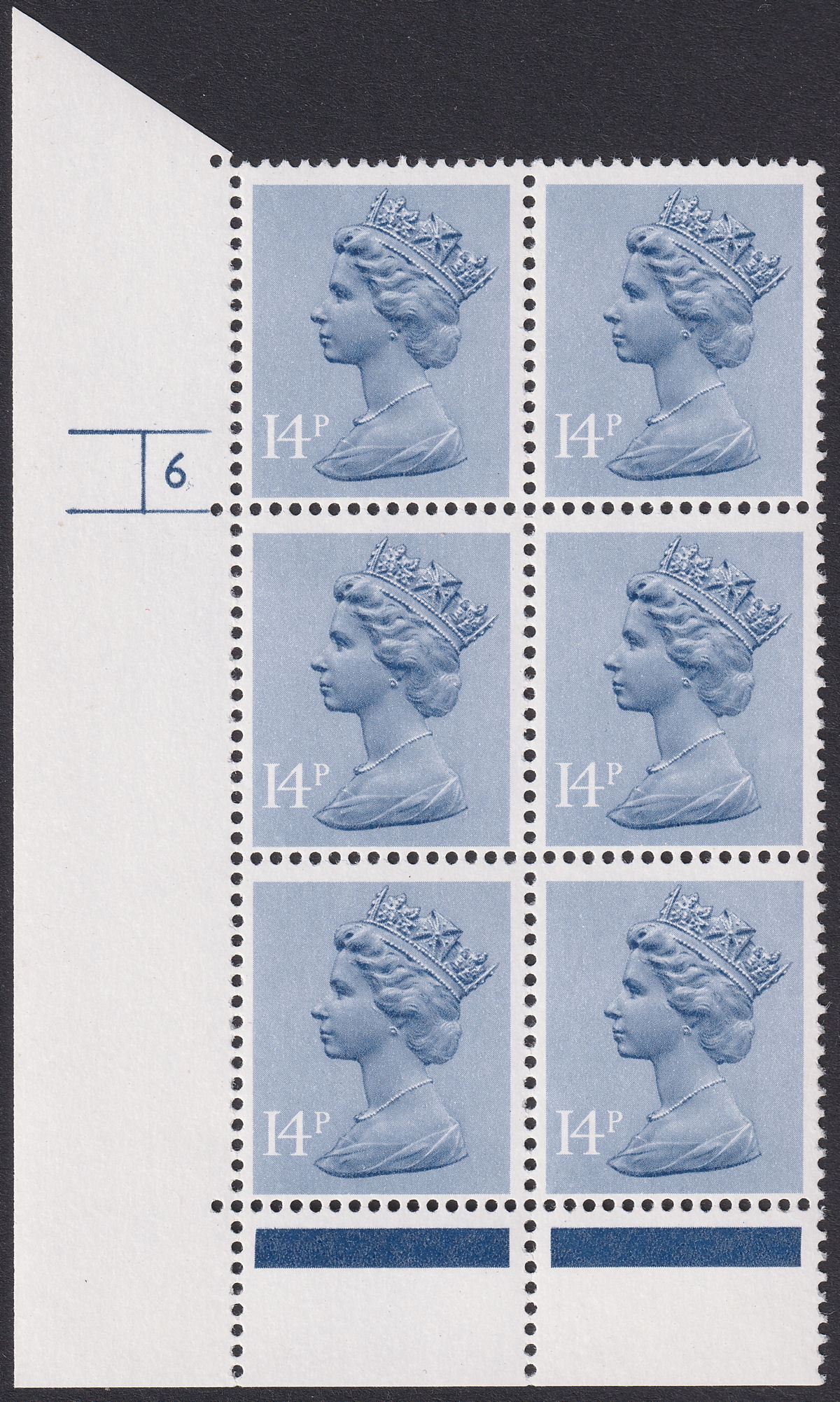 QEII 1981 Machin 14p Grey-Blue No Dot Cylinder 6 Block of 6 Mint U225 cat £75