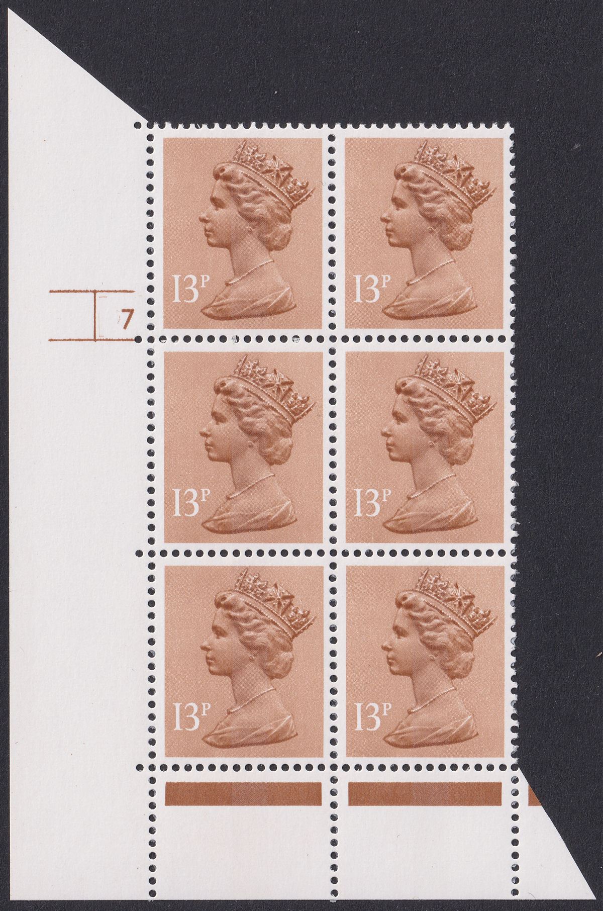 QEII 1987 Machin 13p New Phosphor Ink Cylinder 7 Block of 6 Mint U218a cat £150