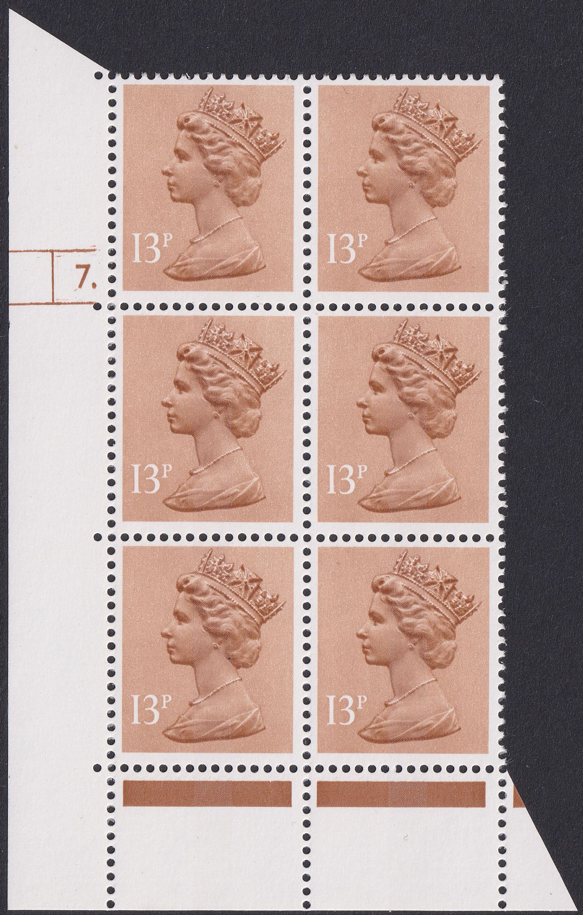 QEII 1987 Machin 13p New Phosphor Ink Cylinder 7. Block of 6 Mint U218a cat £320