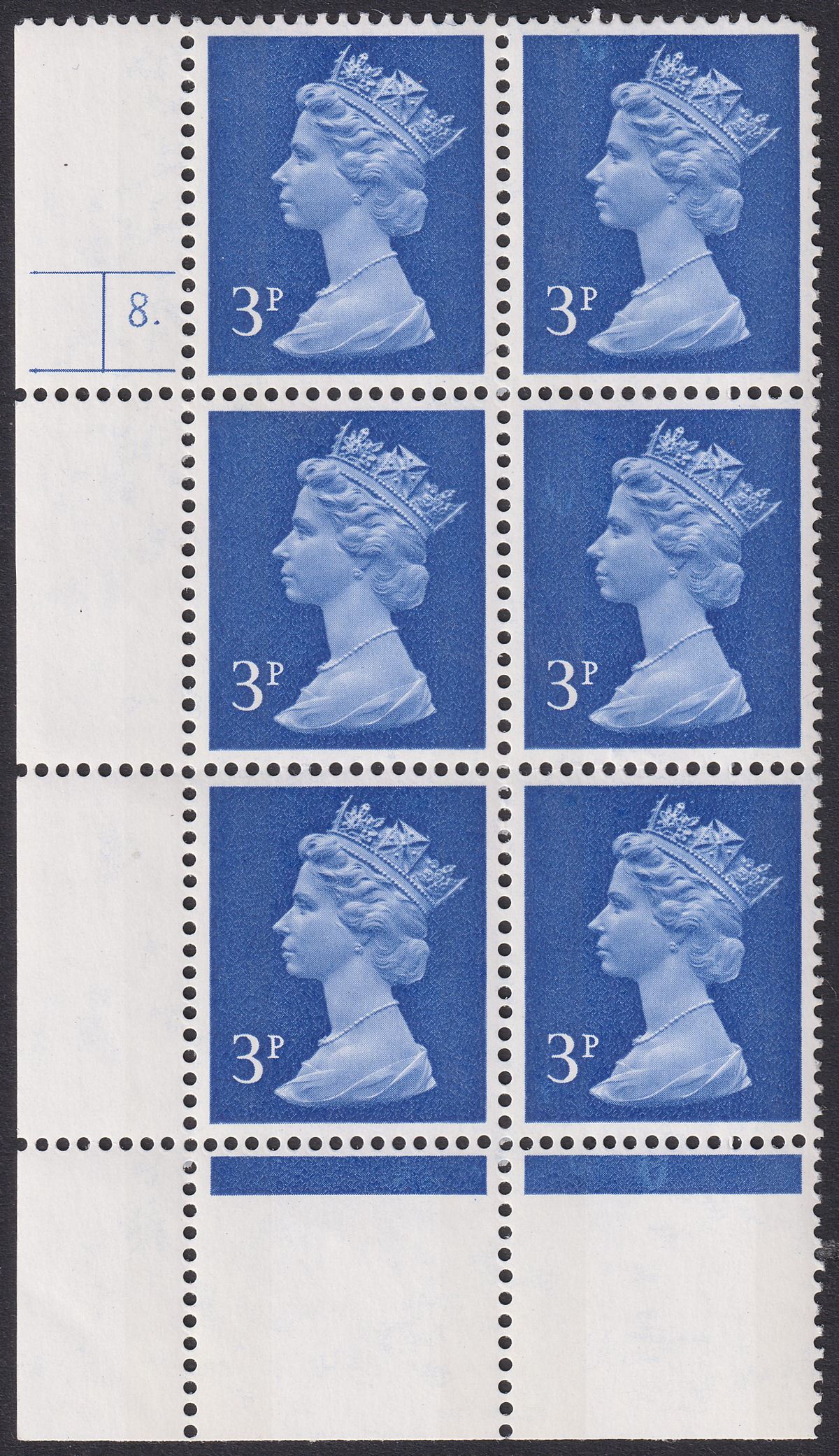 QEII 1982 Machin 3p Dot Cylinder 8 Phosphor 1 FCP/GA Block Mint SG U104 sh corn