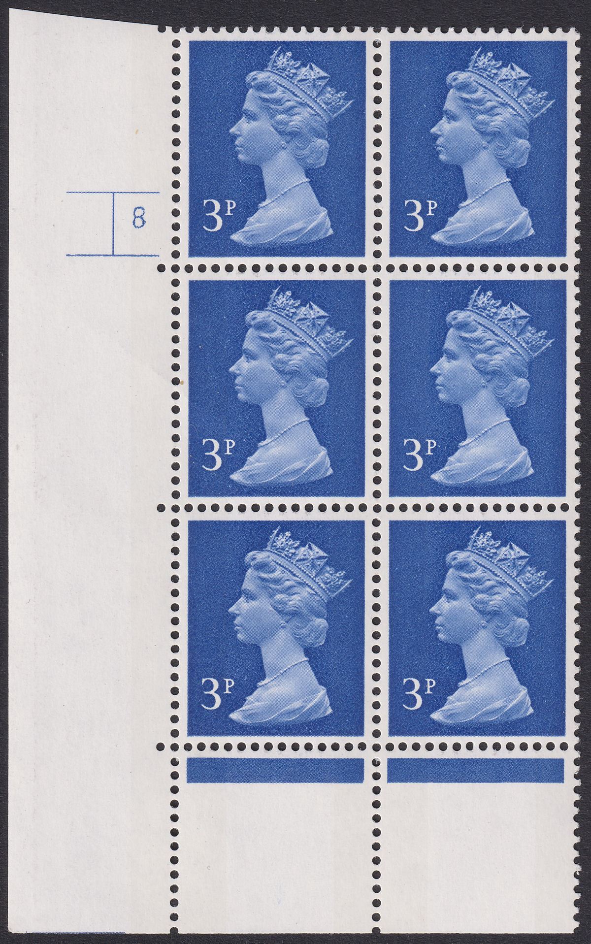 QEII 1982 Machin 3p No Dot Cylinder 8 Phosphor 1 FCP/GA Block Mint SG U104 c£27