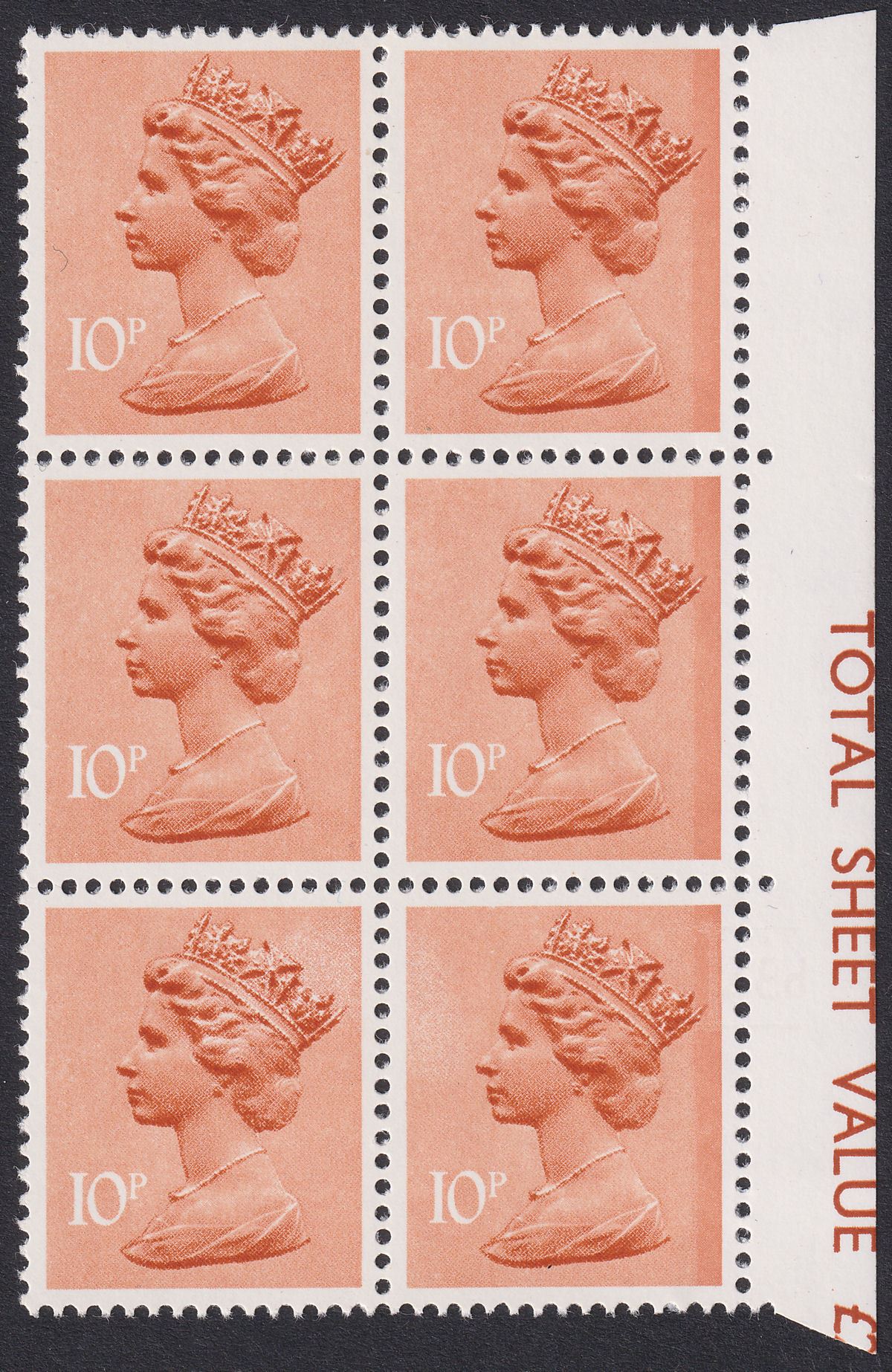 QEII 1979 Machin 10p All Over Phosphor P37 Inverted into Block of 6 Mint U187