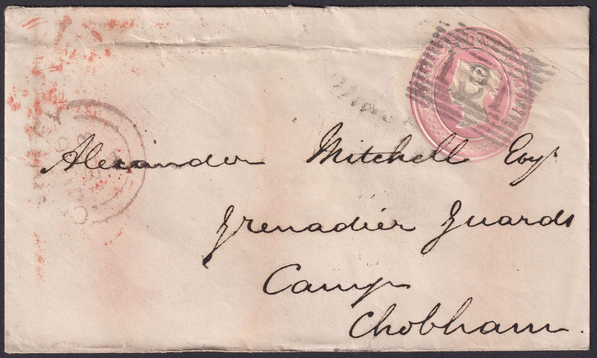 QV 1853 1d Postal Stat Cover Used Edinburgh to CHOBHAM CAMP Grenadier Guards