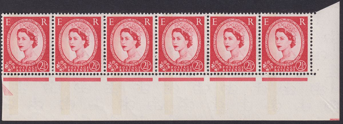 QEII 1961 Wilding 2½d Type I Phosphor Left Strip of 6 UM Mint SG614b cat £270