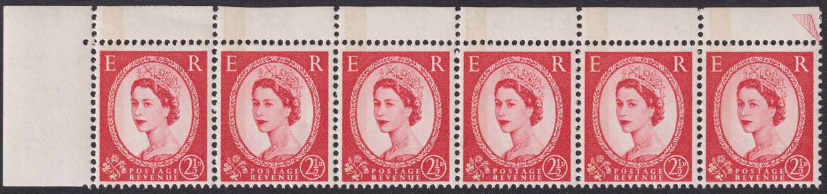 QEII 1961 Wilding 2½d Type I Phosphor Left Strip of 6 UM Mint SG614b cat £270