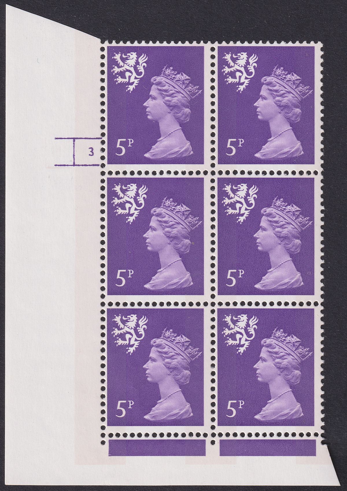 QEII 1973 Scotland Machin 5p No Dot Cylinder 3 Phosphor 11 FCP Blck Mint SG XS42