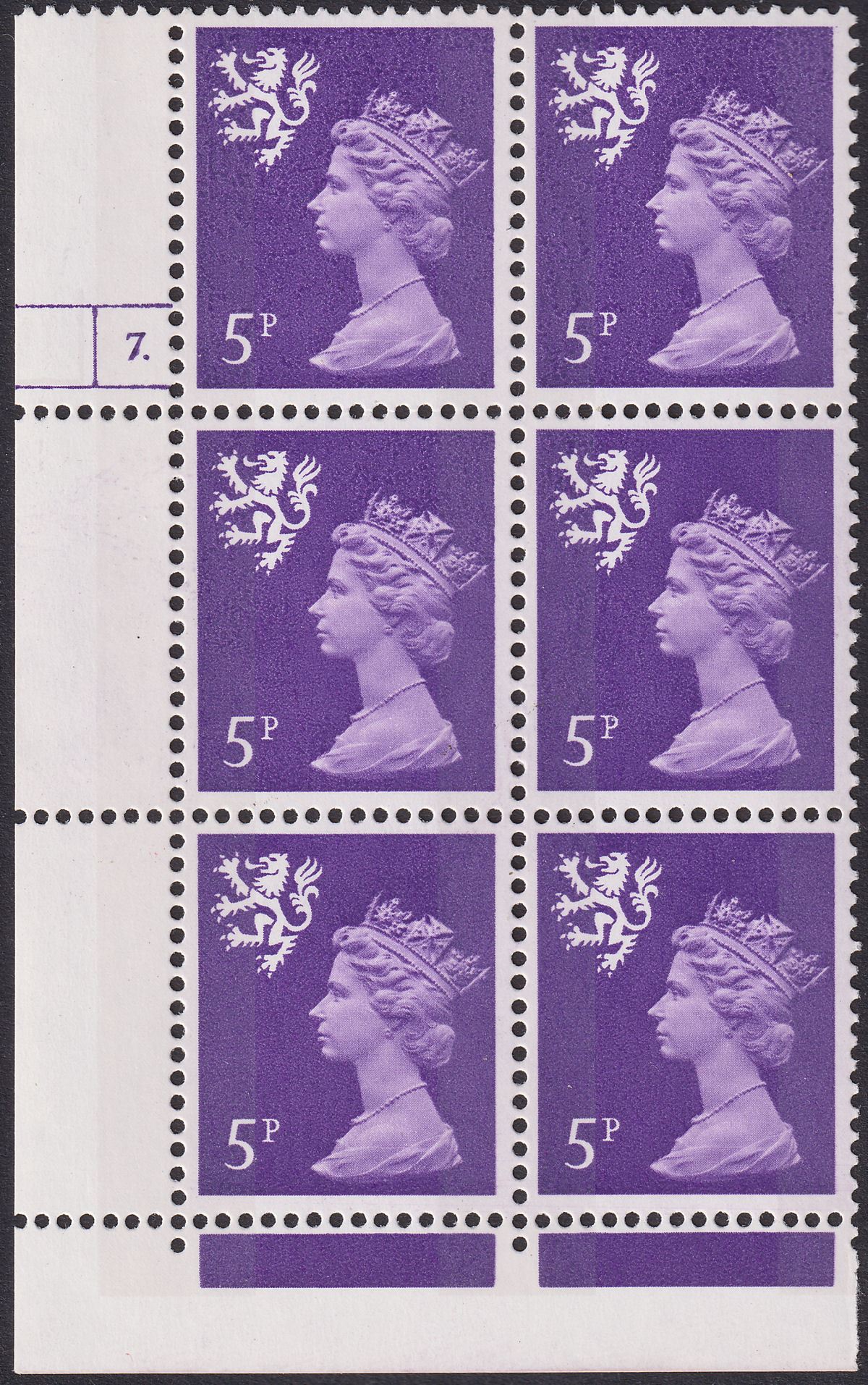 QEII 1973 Scotland Machin 5p Dot Cylinder 7 Phosphor 11 FCP Blck Mint SG XS42